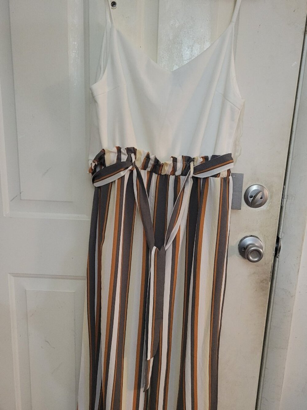 J for Justify White & Brown Striped Jumpsuit with Tie Waist